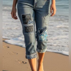 Womens Blue Patchwork Capri Jeans